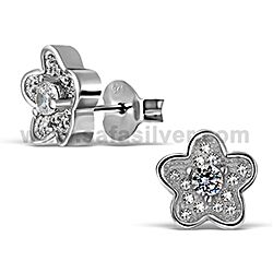 Wholesale 925 Sterling Silver CZ One Stone Flower  Micro Pave Stud Earrings