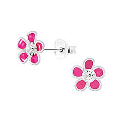 Wholesale 925 Sterling Silver Pink Enamel Flower Kids Stud Earrings   