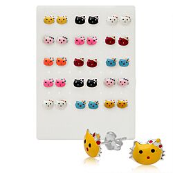 Wholesale 925 Sterling Silver Kitten Head Kids 15 Pairs Display Stand