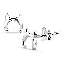 Horseshoe Stud Earrings Silver with Horns Design