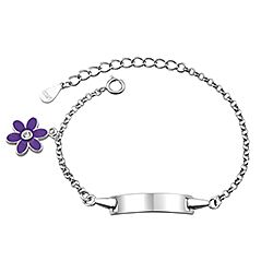 Silver Bar Kids Bracelet Purple Enamel Flower Charm
