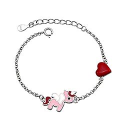 Silver Kids Bracelet Pink Unicorn and Red Heart Charm