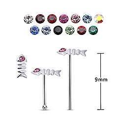 Fish bone nose stud 22G-0.6mm mixed crystal silver