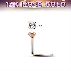 Wholesale 14K L Shape Rose Gold 2mm Cubic Zirconia Nose Stud