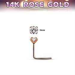 Wholesale 14K L Shape Rose Gold 3mm Cubic Zirconia Nose Stud