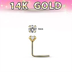 Wholesale 14K L Shape Gold 3mm Cubic Zirconia Nose Stud