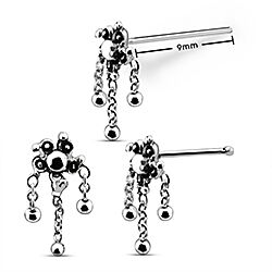 Flower Nose Stud Silver Triple Chained Ball Dangle