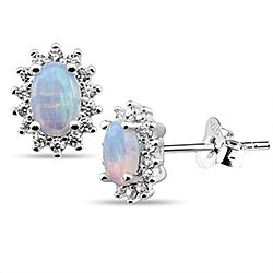 Wholesale 925 Silver Flower Oval CZ Pink Opal Stud Earrings