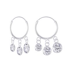 Wholesale 925 Sterling Silver 3 Round CZ Dangle Charm Hoop Earrings  