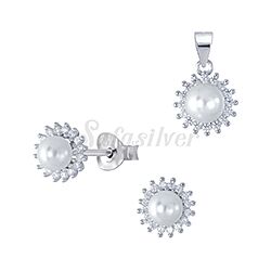 Wholesale 925 Sterling Silver Pearl Flower Halo Cubic Zirconia Jewelry Set