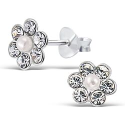 Wholesale 925 Silver Crystal flower Pearl Stud Earrings