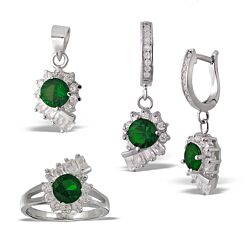 Wholesale 925 Sterling Silver Emerald Flower Semi-Precious Jewelry Set