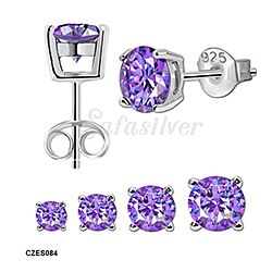 Wholesale 925 Sterling Silver Round Amethyst Cubic Zirconia Stud Earrings