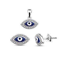 Silver CZ Evil Eye Pendant and Earring Set