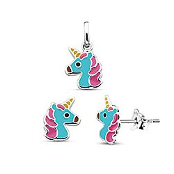 Wholesale Silver Sky Blue Enamel Unicorn Kids Jewel Set