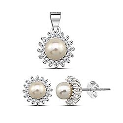 Wholesale 925 Sterling Silver Pearl Flower Halo Cubic Zirconia Jewelry Set