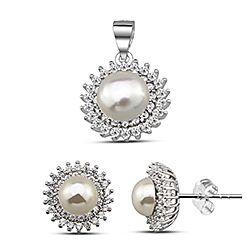 Wholesale 925 Sterling Silver Freshwater Pearl Cubic Zirconia Jewelry Set