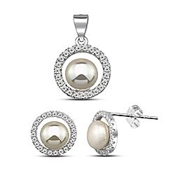 Wholesale 925 Sterling Silver Circle Pearl Cubic Zirconia Jewelry Set