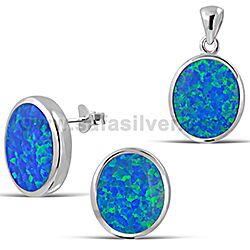 Wholesale 925 Sterling Silver Big Oval Blue Opal Stone Semi-Precious Jewelry Set