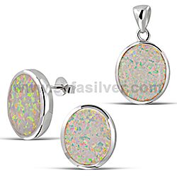 Wholesale 925 Sterling Silver Big Oval White Opal Stone Semi-Precious Jewelry Set