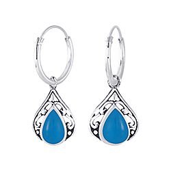 Silver Blue Drop Hoop Earrings with Charms