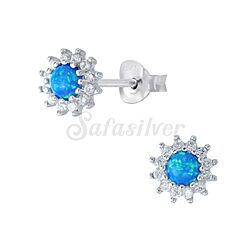 Wholesale 925 Sterling Silver Blue Opal Flower with Sparkly Cubic Zirconia Stud Earrings