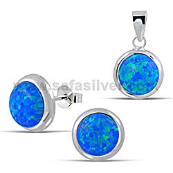 Wholesale 925 Sterling Silver Blue Opal Round Semi-Precious Jewelry Set
 