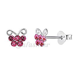 Silver Butterfly Stud Earrings with Pink Crystal