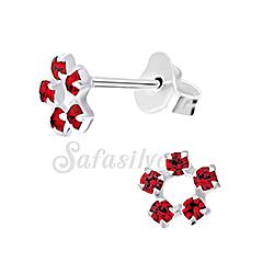 Silver Flower Ear Studs with Red Crystal