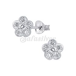 Wholesale 925 Sterling Silver Small Flower with Sparkly Cubic Zirconia Rhodium Plated Stud Earrings