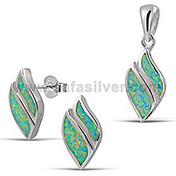 Wholesale 925 Sterling Silver Green Opal Curvy Diamond Shape Semi-Precious Jewelry Set