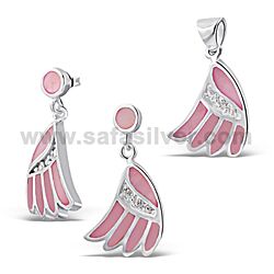 Wholesale 925 Sterling Silver Real Stone Pink Feather Semi-Precious Jewelry Set