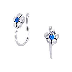 Silver Non-Piercing Blue Crystal Oxidized Flower Nose Ring