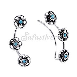 Wholesale 925 Sterling Silver Oxidized Flower Turquoise Ear Climber Earrings