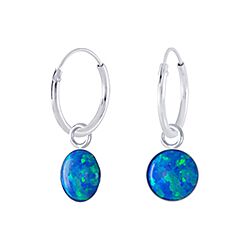 Wholesale925 Sterling Silver Peacock Blue Opal Charm Hoop Earrings