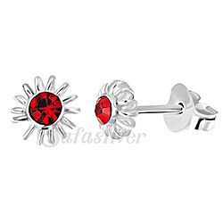 Silver Red Crystal Flower Stud Earrings