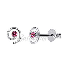 Silver Spiral Ear Studs with Pink Crystal