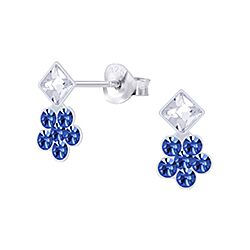 Silver Square Ear Stud with Flower Blue Crystal