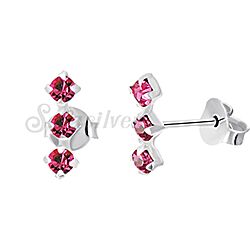 Silver Triple Dot Ear Studs with Pink Crystal