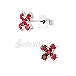 Silver X Ear Studs with Red Crystal