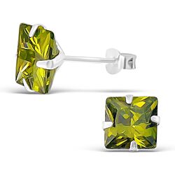 SQUARE CZ OLIVINE STONE SILVER EAR STUDS