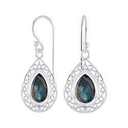 Wholesale 925 Sterling Silver Labradorite Teardrop Filigree Semi Precious Earrings