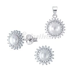 Wholesale 925 Sterling Silver 11mm Pearl Flower Halo Cubic Zirconia Jewelry Set