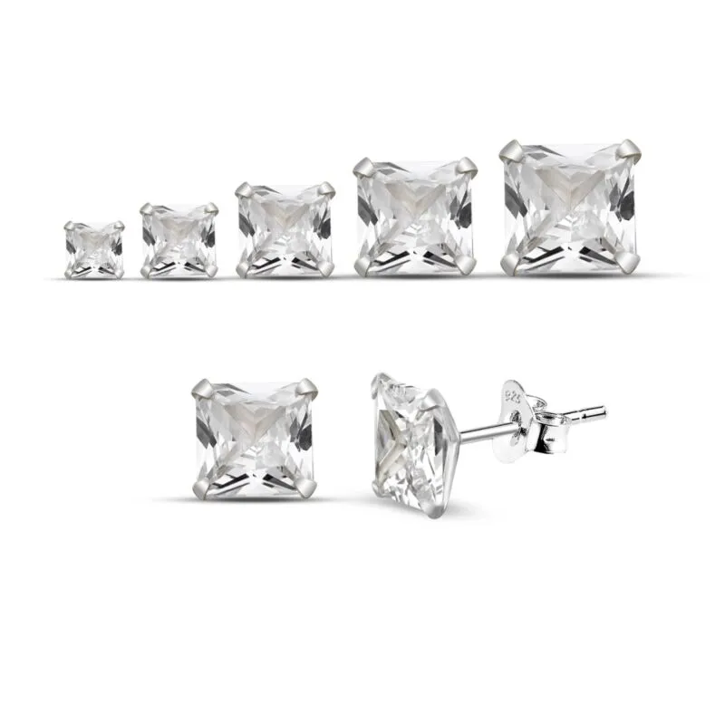 Wholesale Silver Square Clear Cubic Zirconia Stud Earrings Safasilver