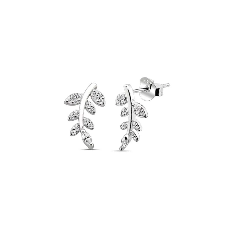 Wholesale Silver Olive Branch Leaf Cubic Zirconia Ear Studs Safasilver